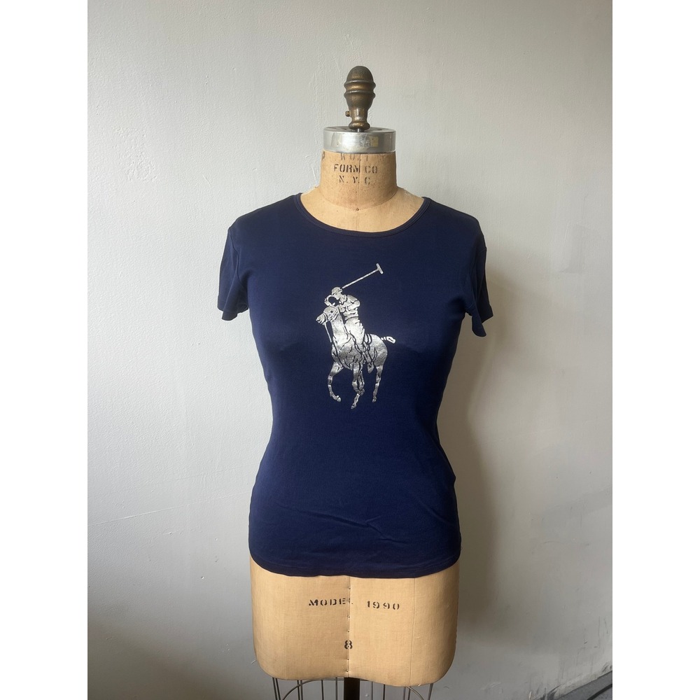 Ralph Lauren Golf Navy Blue Silver Metallic Big Pony Cotton Tee Shirt Womens S